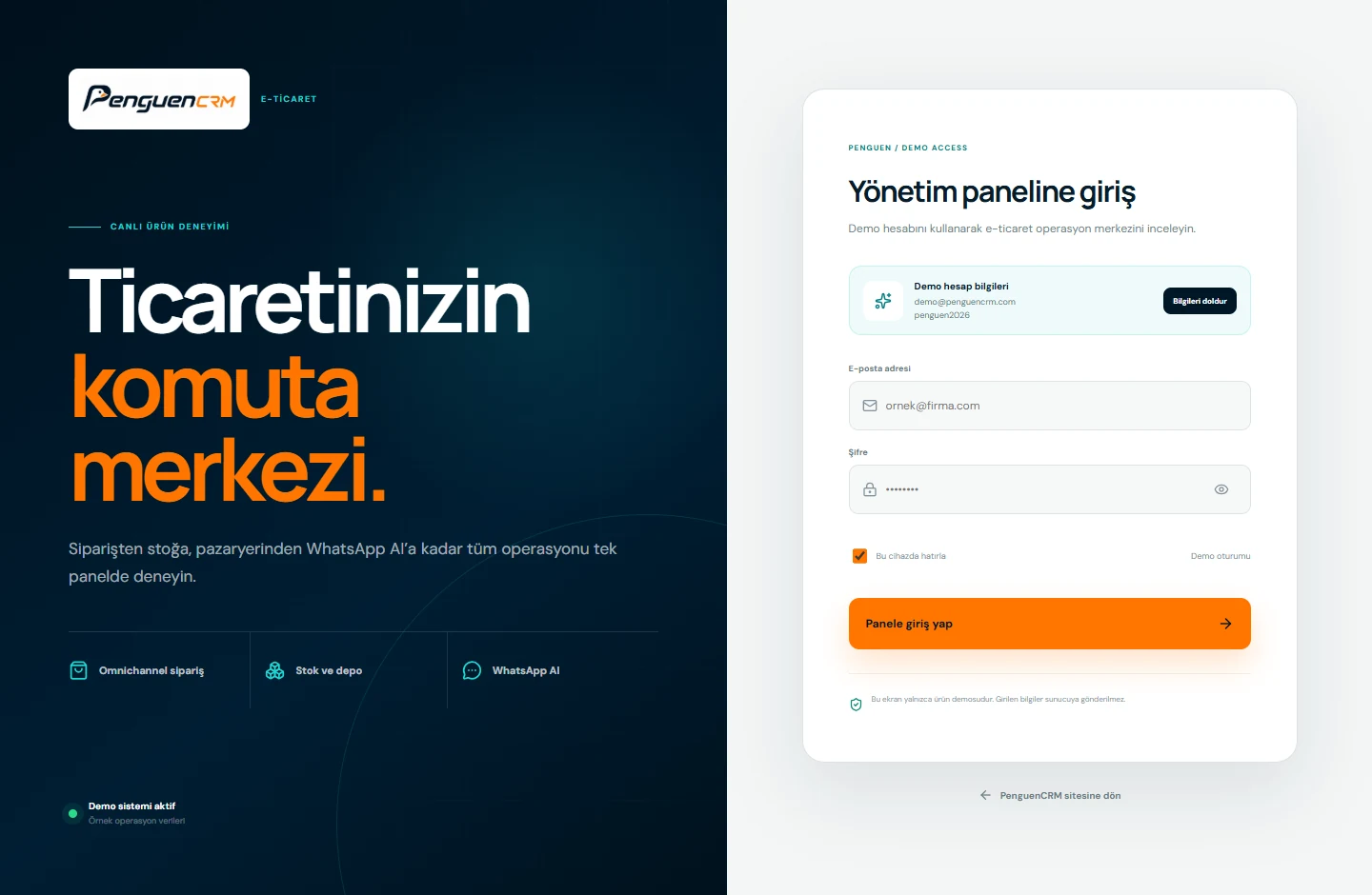 Penguen CRM E-Ticaret demo giriş paneli