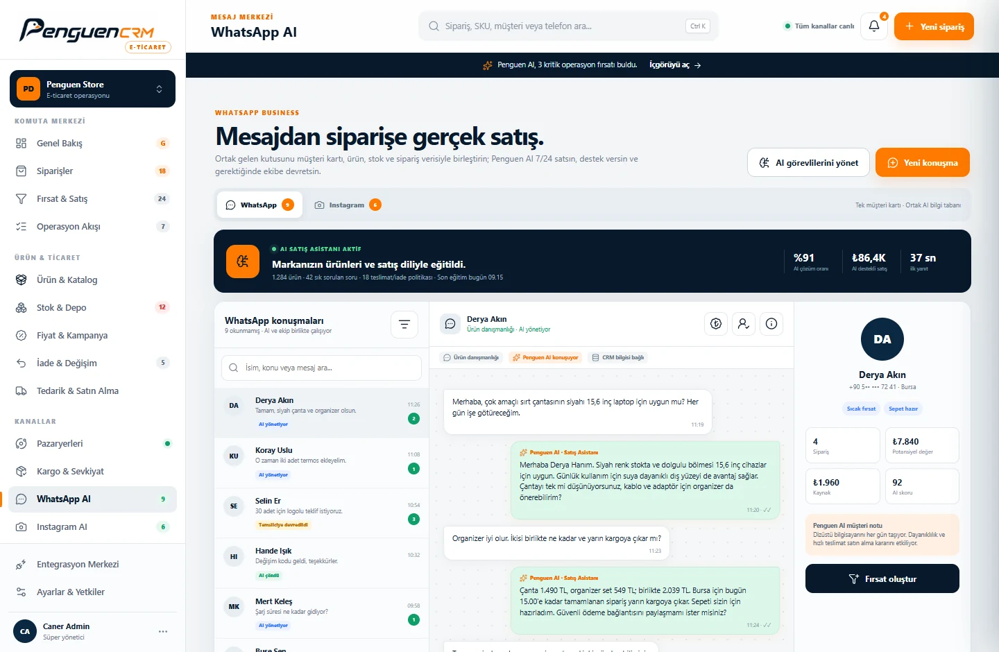 Penguen CRM WhatsApp yapay zekâ satış ve destek ekranı